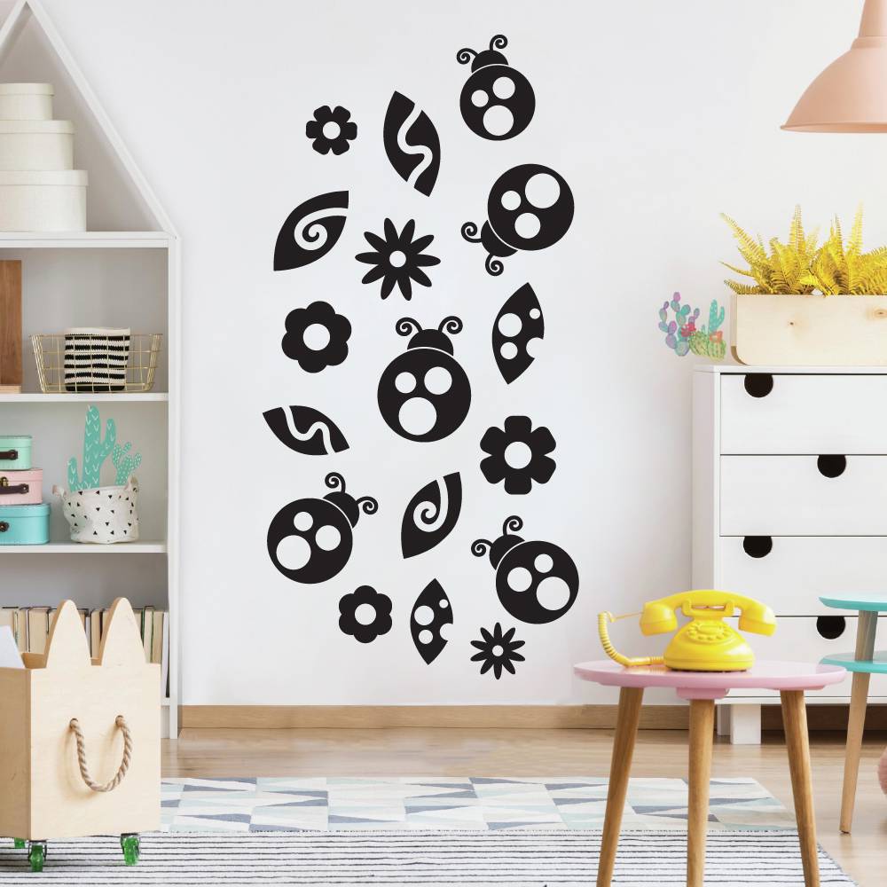 Ladybug Insect Vinyl Wall Sticker - Cute Animal Wall Decal with Flowers
