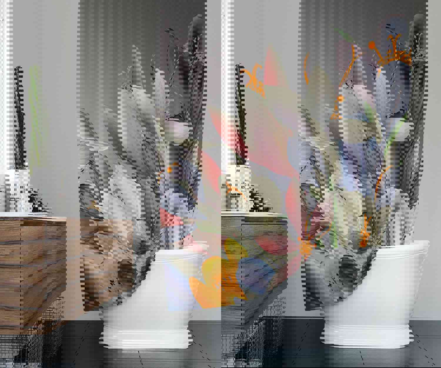 Gray Floral Shower Curtain - Long & Extra Long Options | Machine Washable
