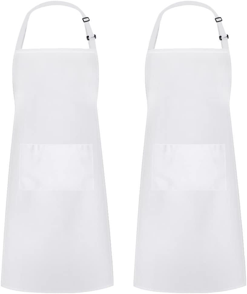 2 Pack Adjustable Bib Apron - Thicker Waterdrop Resistant with Pockets for Cooking, Kitchen, Chef (White)