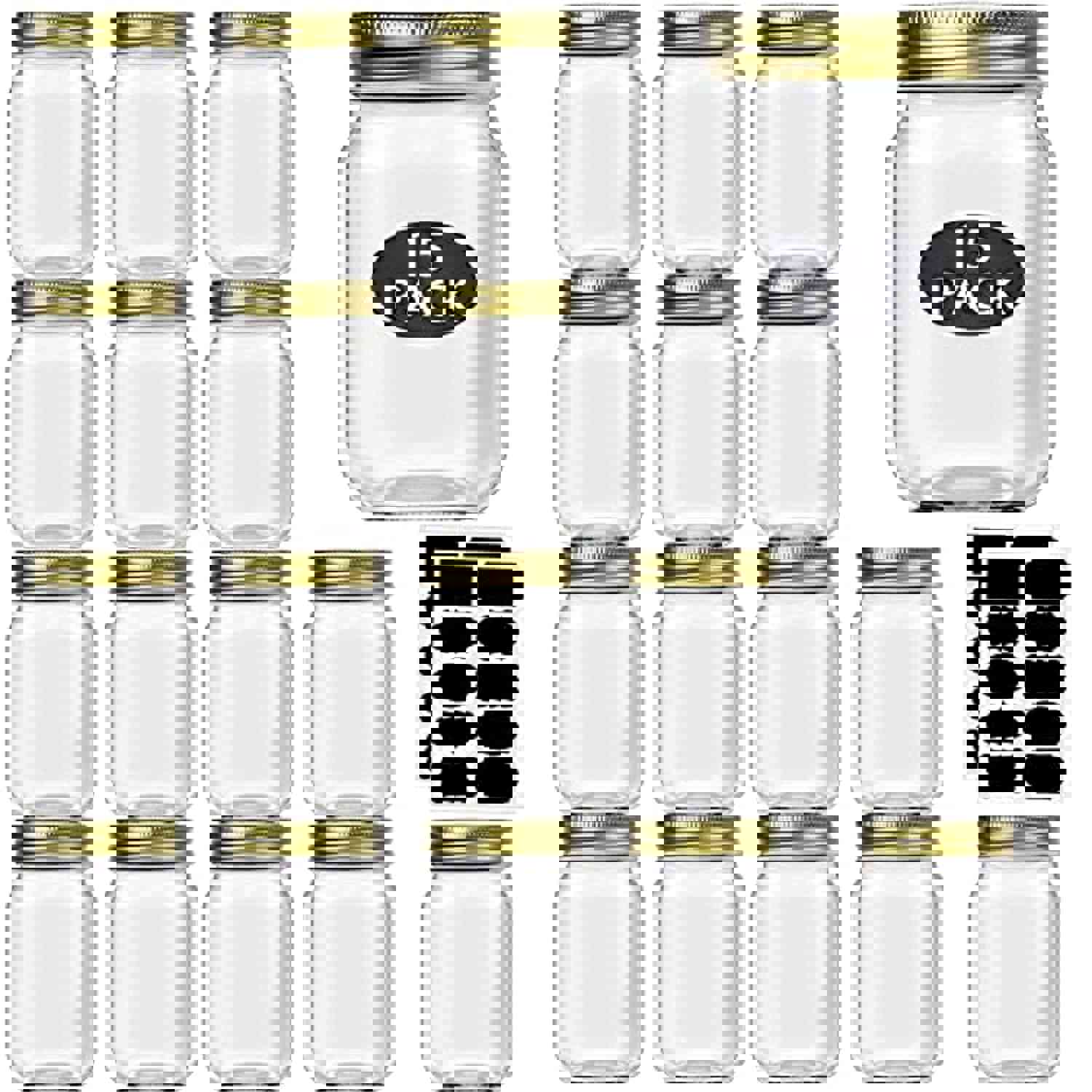 Rainforce 16 oz Mason Jars With Lids Regular Mouth 15 Pack - Clear Glass Jars For Meal Prep & Food Storage
