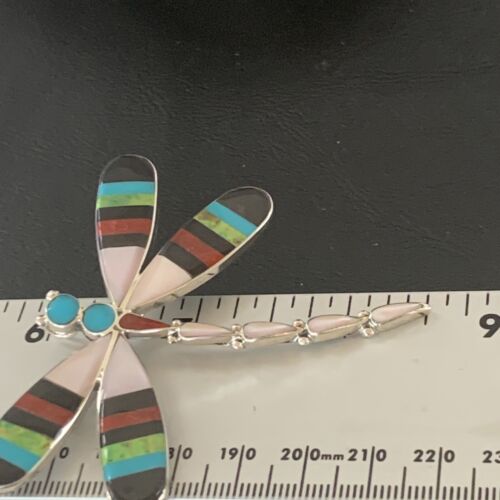 Handmade Zuni Coral Turquoise Inlay Dragonfly Sterling Silver Necklace Pendant