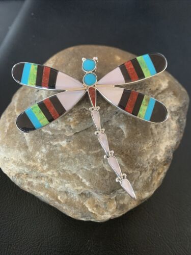 Handmade Zuni Coral Turquoise Inlay Dragonfly Sterling Silver Necklace Pendant
