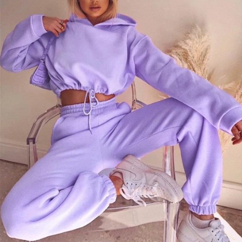 Long Sleeved Cropped Hoodie and Long Sweatpants with Pockets Set