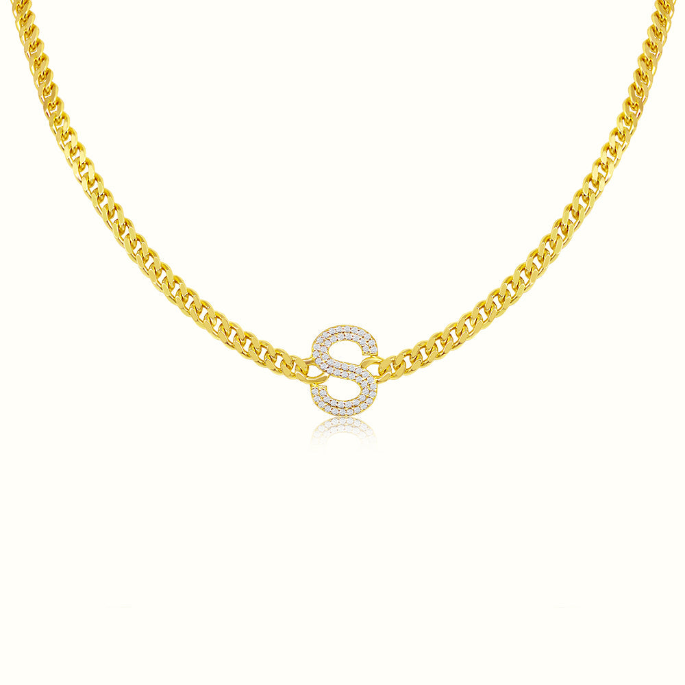 Women's Vermeil Curb Cuban Diamond Letter Link Pendant Necklace