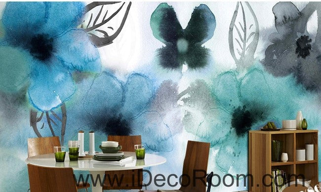 Abstract Watercolor Blue Flowers Wallpaper Wall Decals - Home Decor Gift