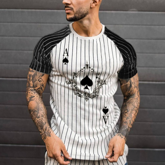 Men's Striped T-Shirt Summer Casual Round Neck Short Sleeve Poker Print Top