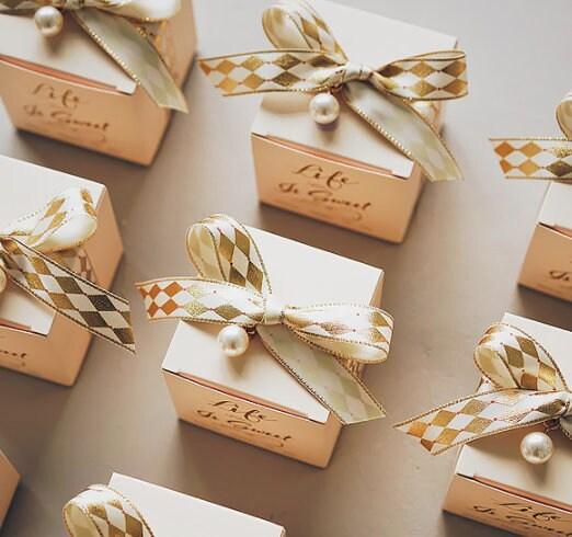 20pcs Checked Ribbon Bronzing Wedding Favor Boxes