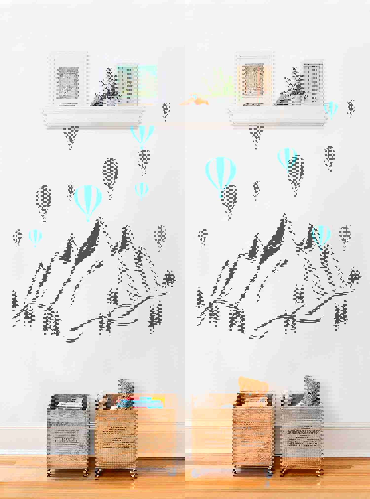 Mountains Wall Decal with Hot Air Balloons