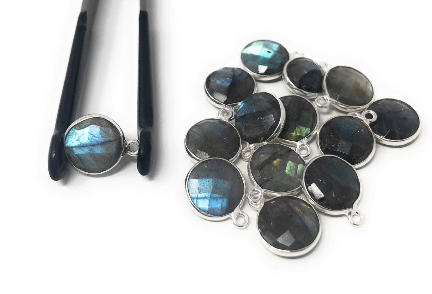 5 Pcs Labradorite Gemstone Charms, Sterling Silver Charms for DIY Jewelry Making