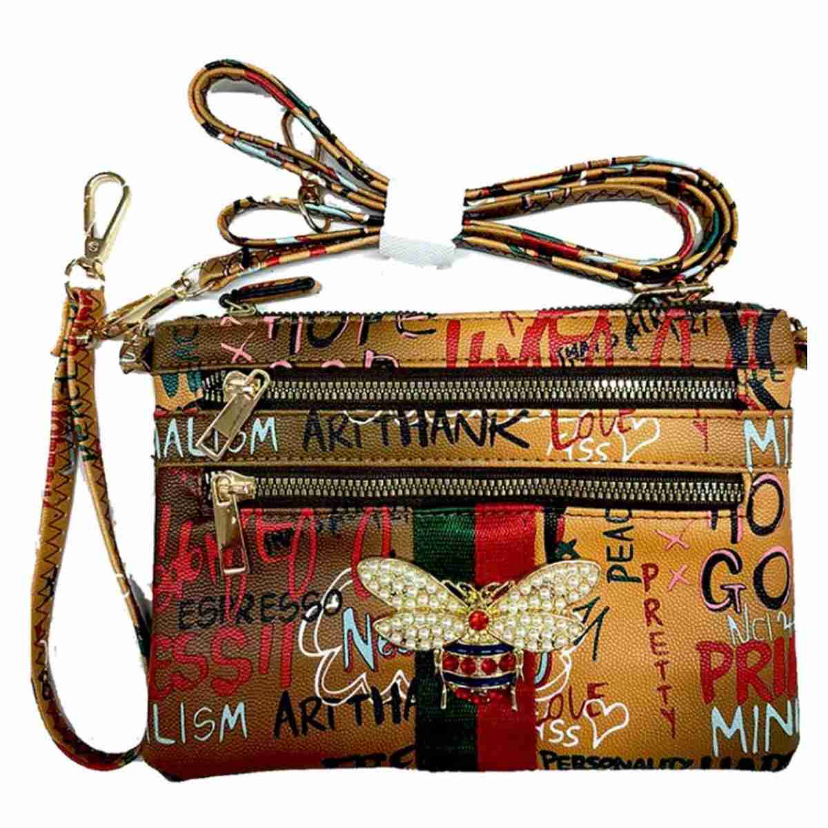 Queen Bee Striped Graffiti Clutch Crossbody Handbag