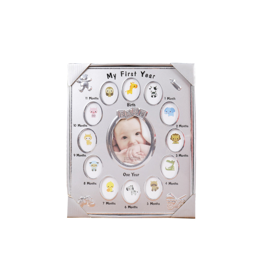 Baby's First Year Picture Photo Frame - Newborn Baby Shower Gift in Silver