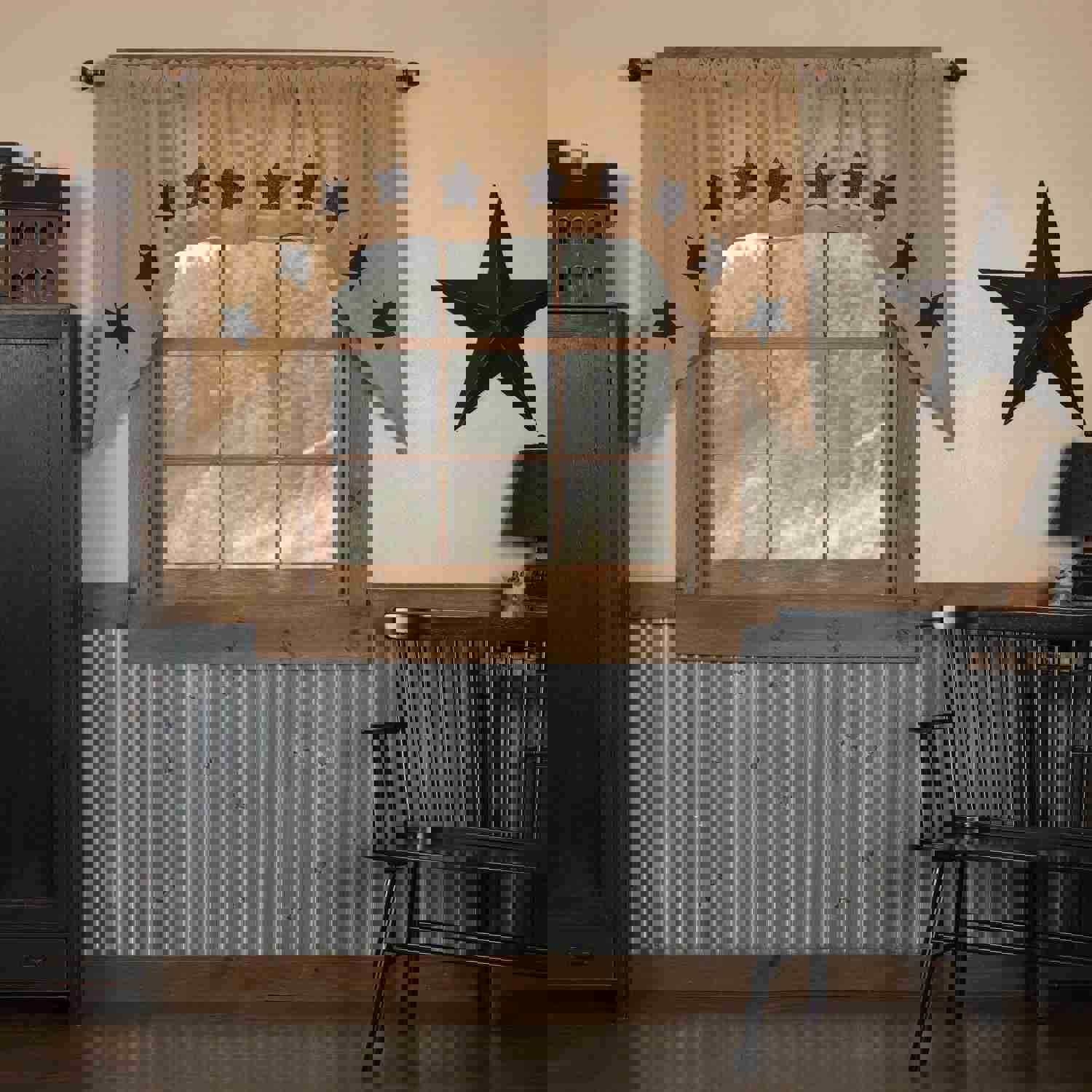 Burlap Natural Black Stencil Star Swag Curtains - Set of 2