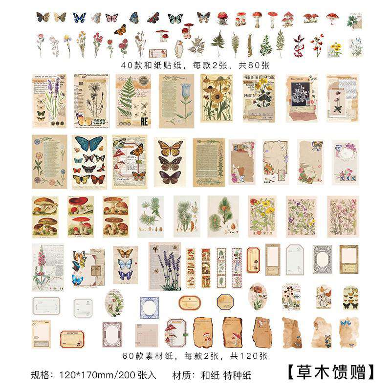 200 Pieces Vintage Scrapbooking Supplies Kit for DIY Journaling