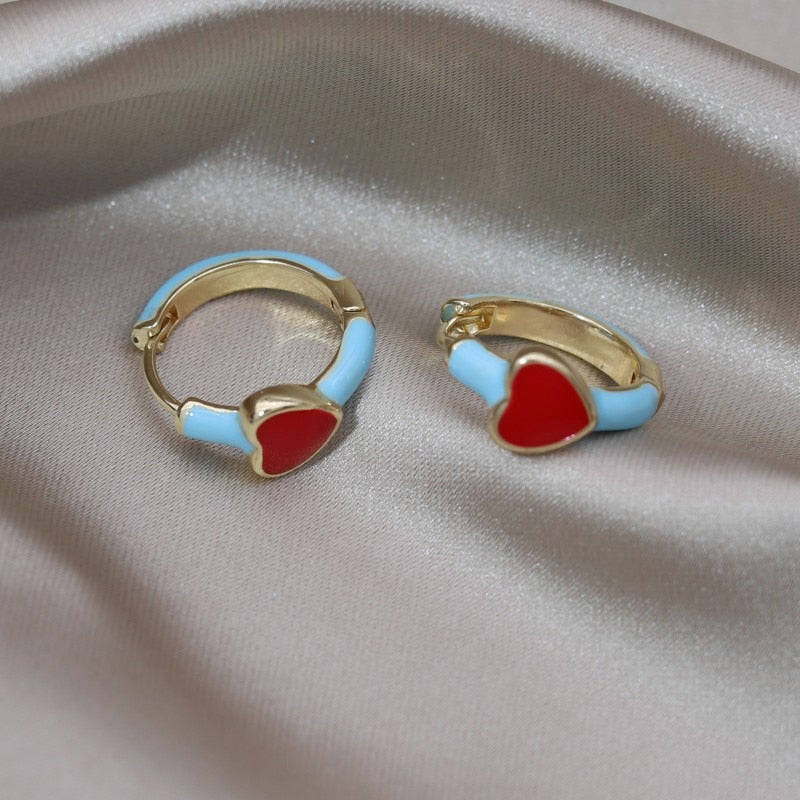 Korean Design Simple Enamel Red Love Small Hoop Earrings - Sweet Girl Gift for Women's Daily Accessories