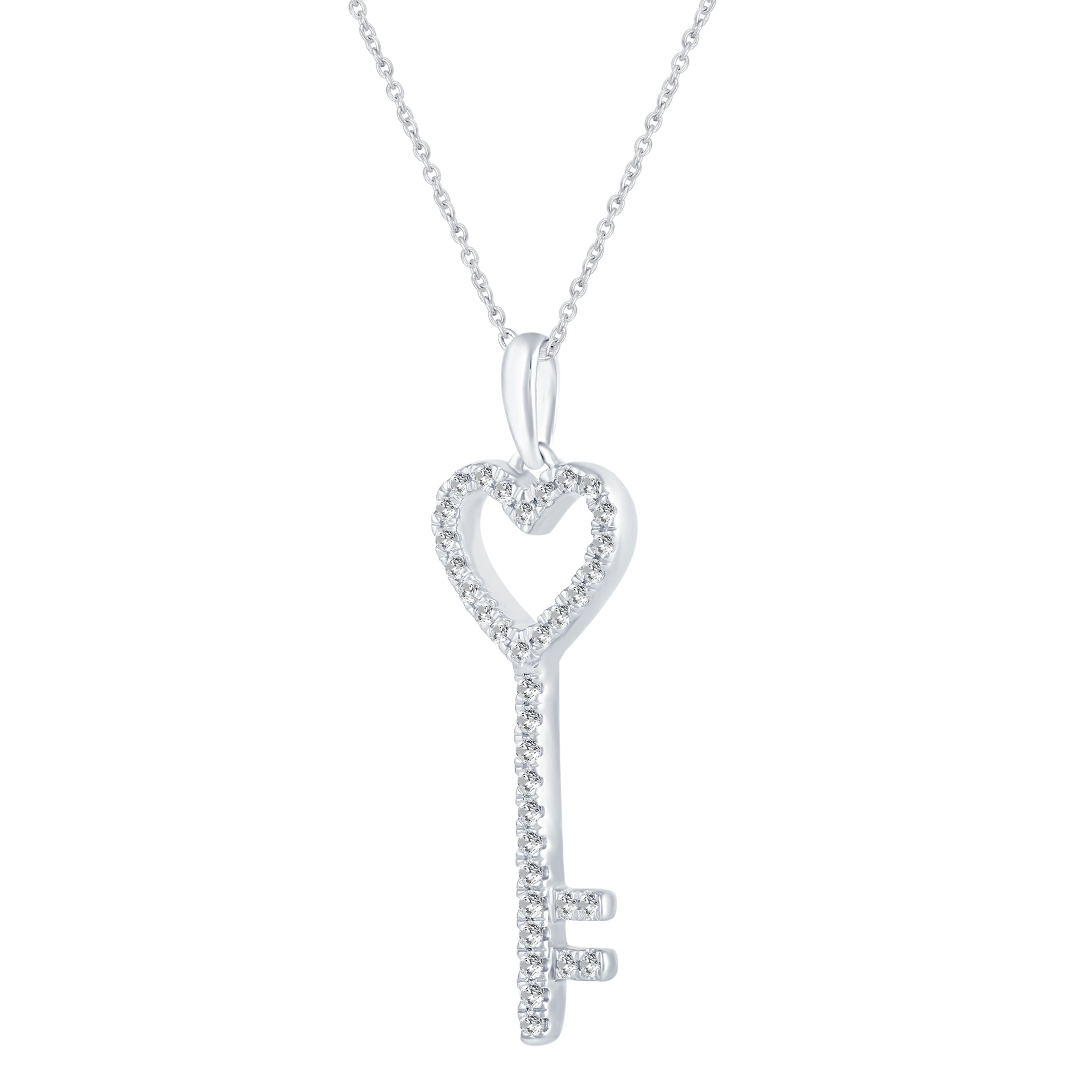 10K White Gold 1/4 Carat TW Round (I2 Clarity) Diamond Key Heart Pendant Necklace