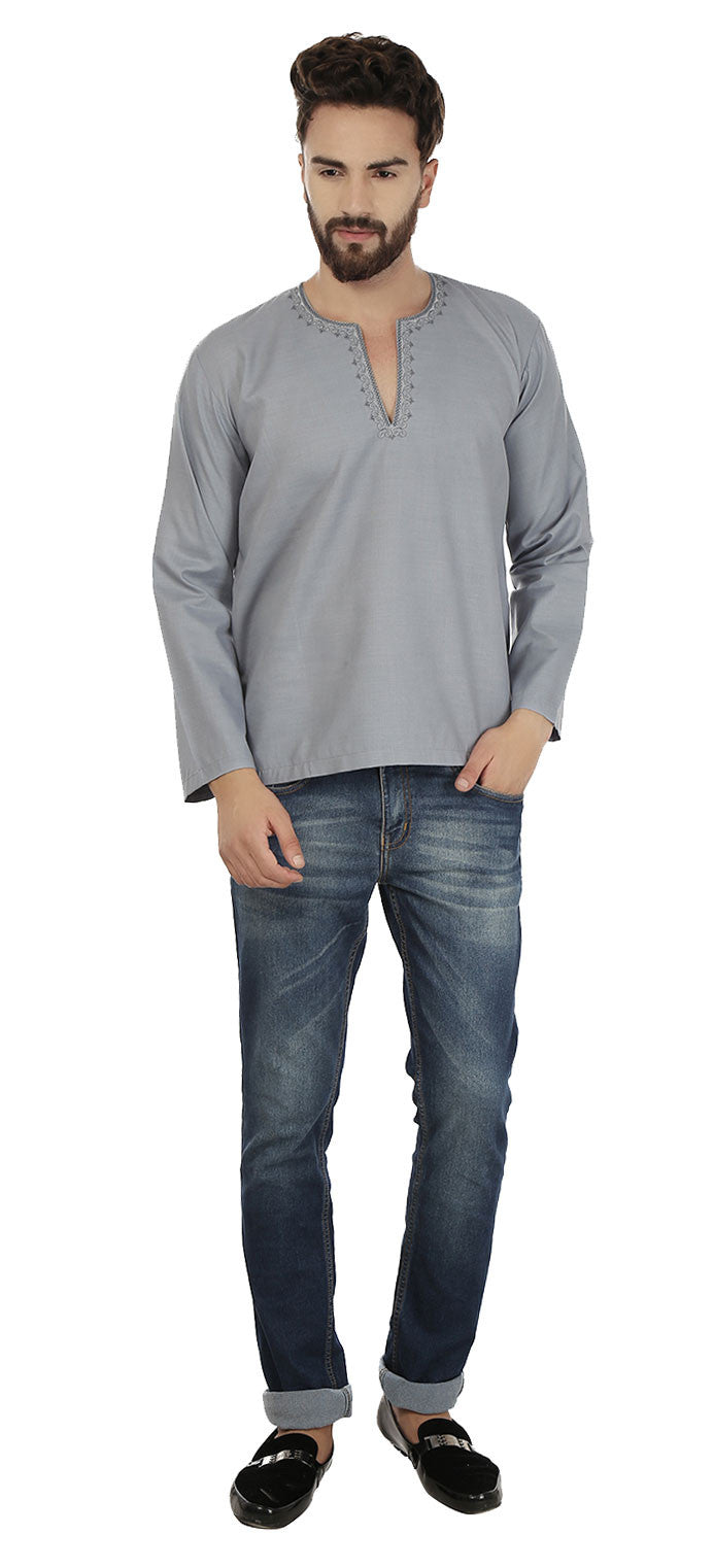 Men's Cotton Short Kurta Shirt - Grey (Indian Clothing)