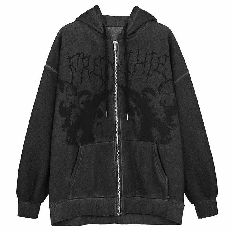 Women's Zip Up Hoodie - Goth Punk Pocket Print Long Sleeve Jacket