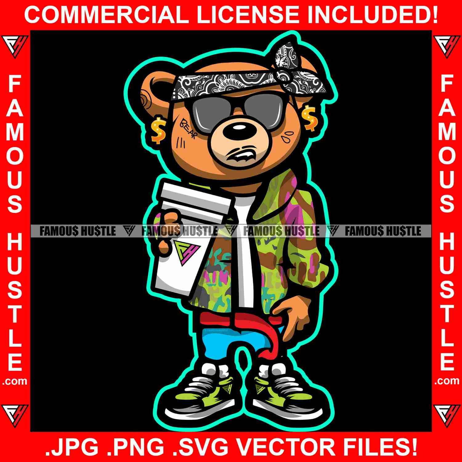 Hustle Gangster Teddy Bear Graphic Design T-Shirt Print