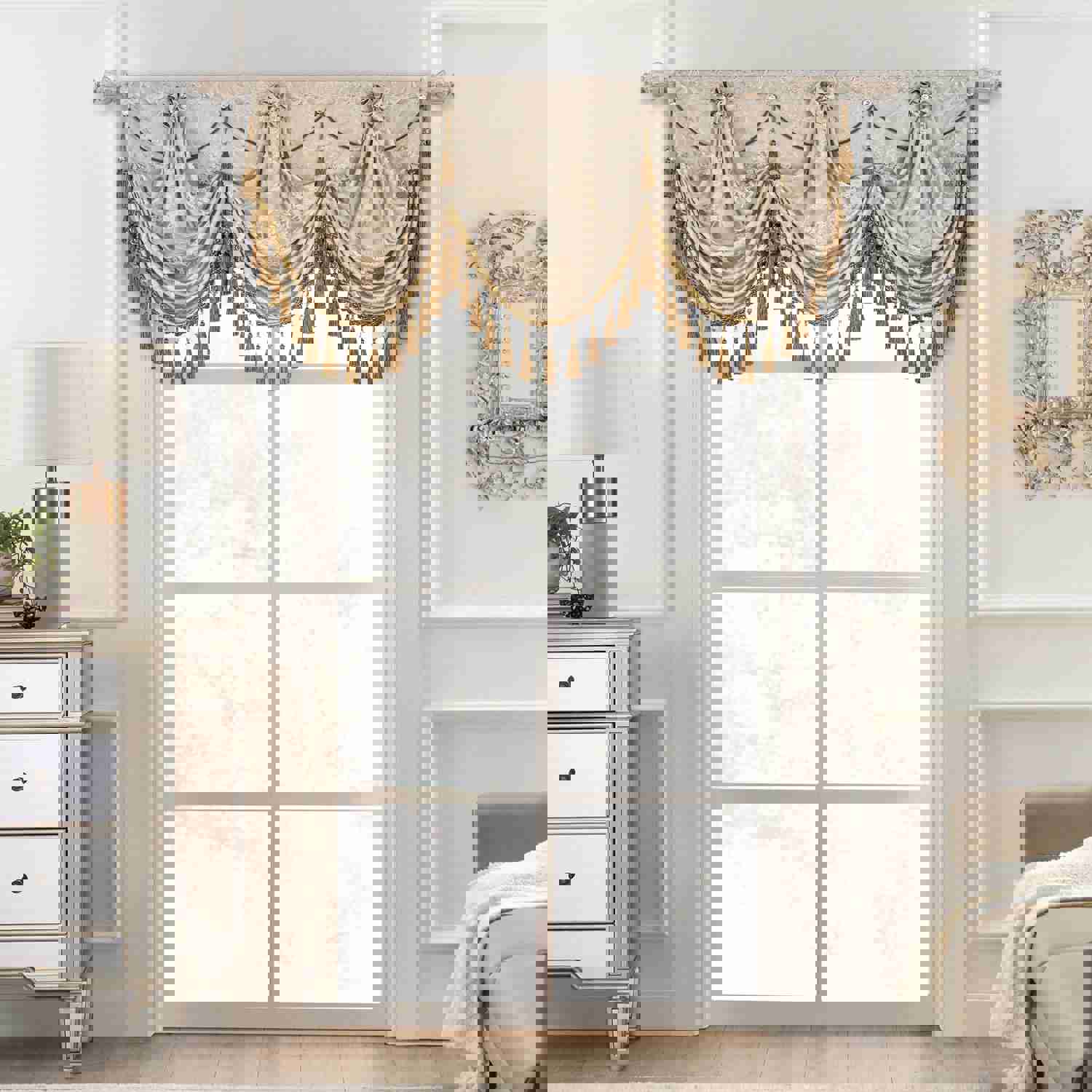 Palace Swag Valance - Elegant Sand Jacquard Fabric Window Treatment