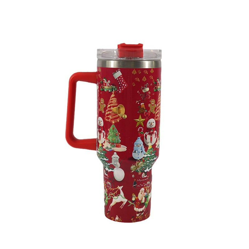 New Christmas Pattern Stainless Steel Vacuum Tumbler with Handle and Straw