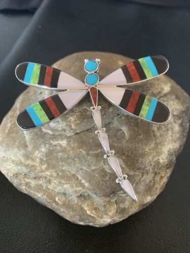 Handmade Zuni Coral Turquoise Inlay Dragonfly Sterling Silver Necklace Pendant
