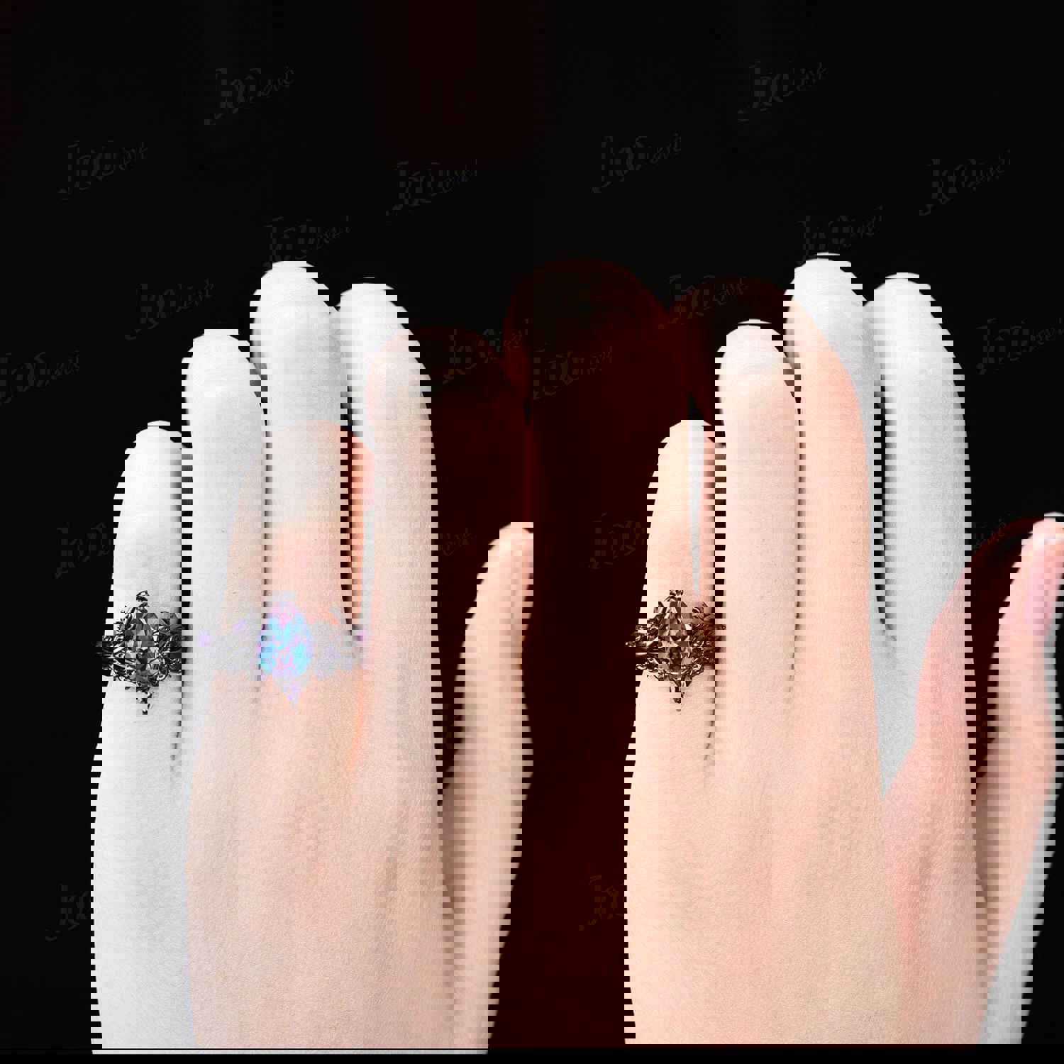 Gothic 14K Black Gold Color-Change Alexandrite Amethyst Bridal Set Nature Inspired Pear Wedding Ring Set for Women Unique Anniversary Gifts