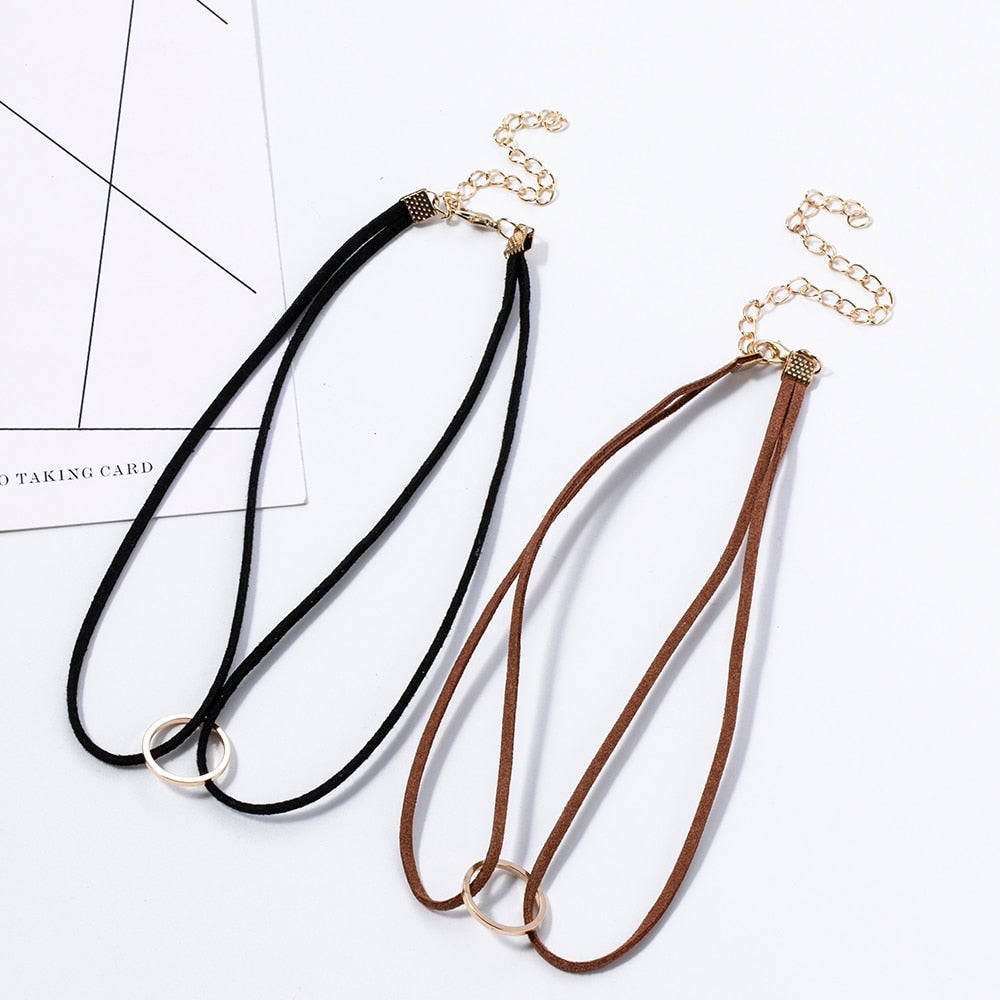 Punk Black White Brown Leather Choker Necklace with Gold Geometry Pendant for Women and Girls