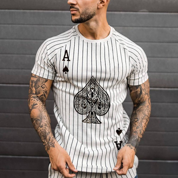 Men's Striped T-Shirt Summer Casual Round Neck Short Sleeve Poker Print Top