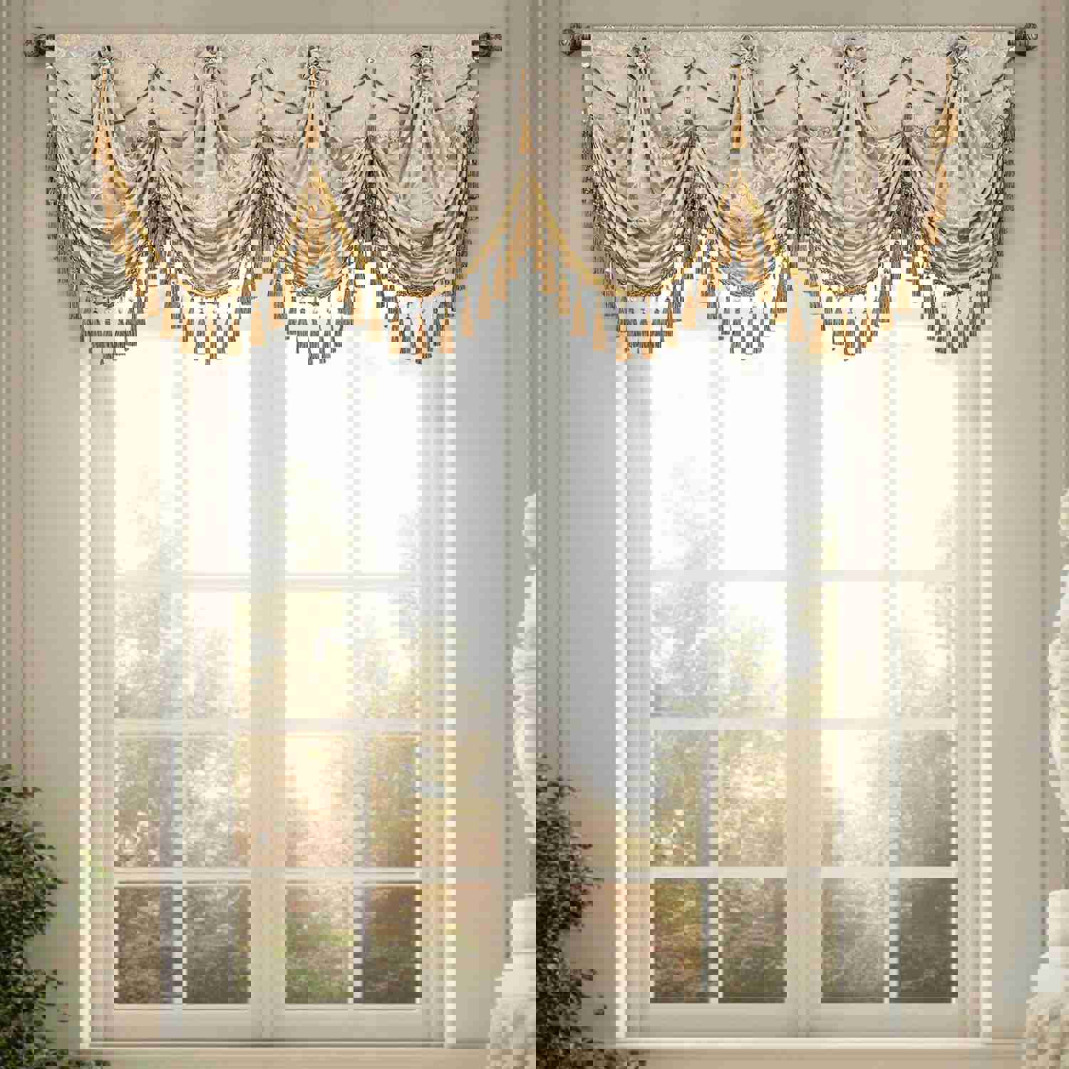 Palace Swag Valance - Elegant Sand Jacquard Fabric Window Treatment