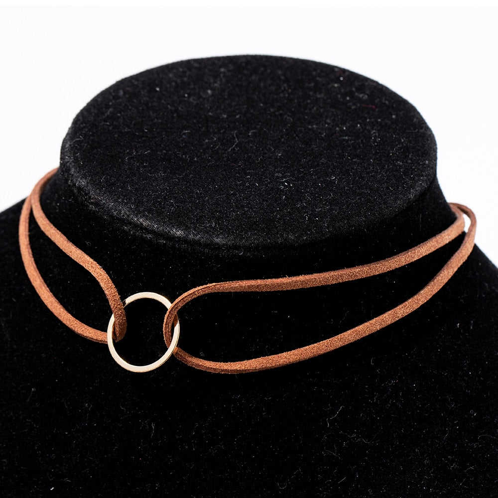 Punk Black White Brown Leather Choker Necklace with Gold Geometry Pendant for Women and Girls