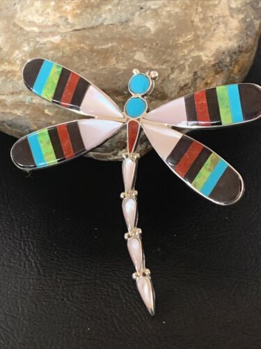 Handmade Zuni Coral Turquoise Inlay Dragonfly Sterling Silver Necklace Pendant