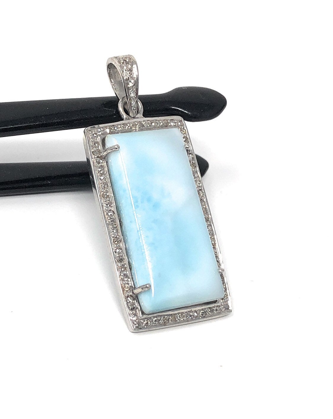 Natural Larimar Gemstone Pendant with Pave Diamonds in Sterling Silver