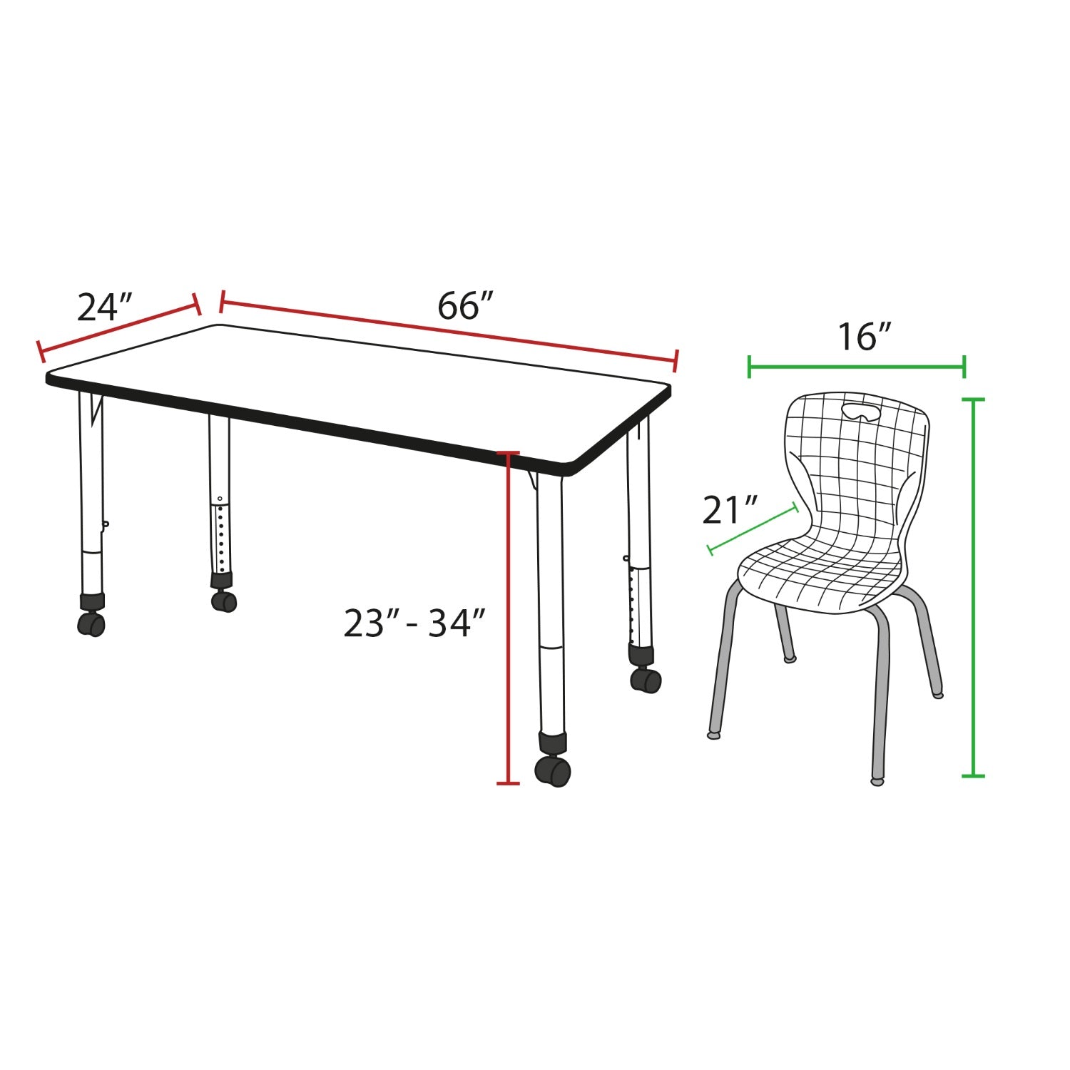 Kee Classroom Table and Chair Package - Adjustable Height Table with 2 Stack Chairs