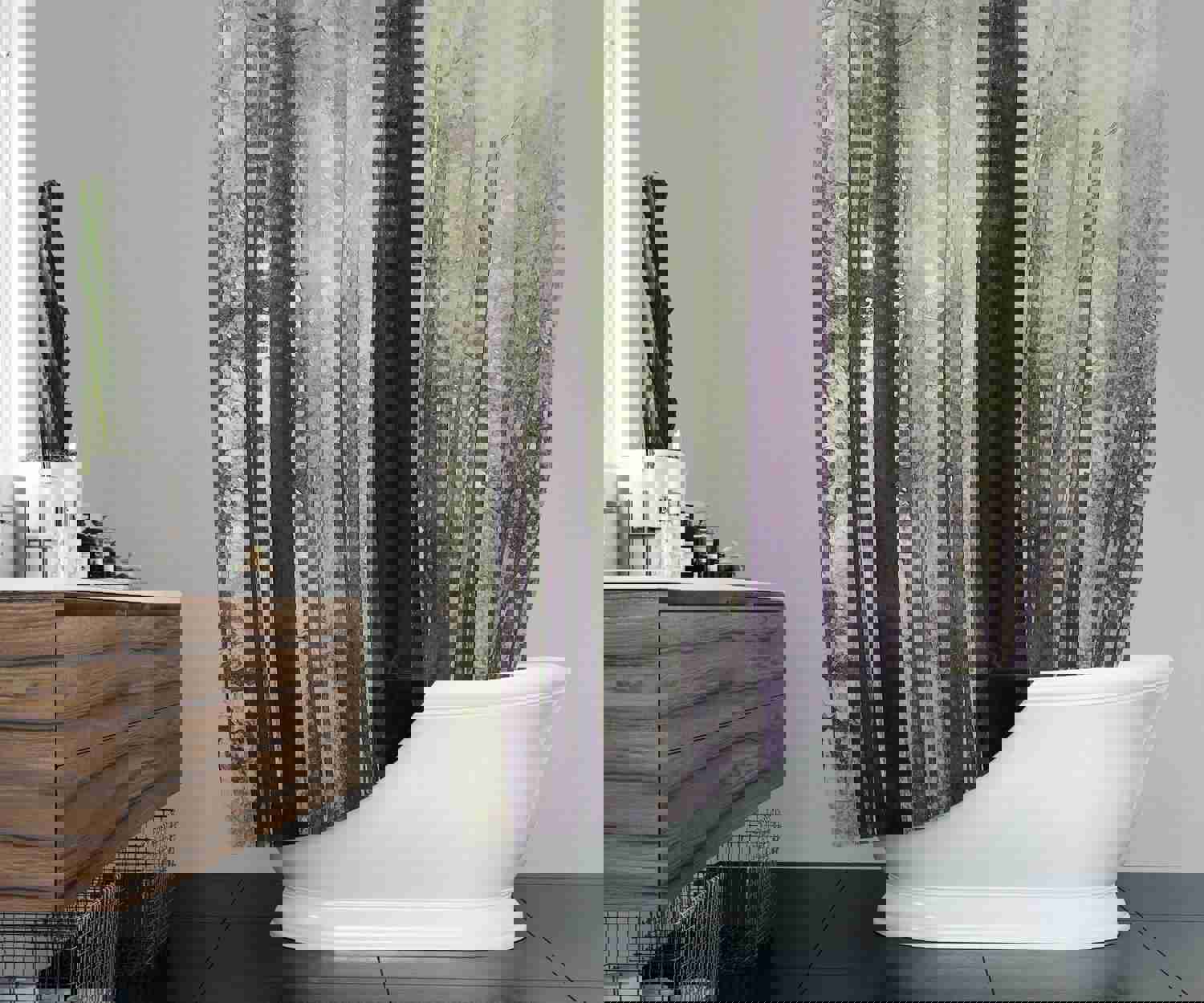 Forest Trees Shower Curtain | Long and Extra Long Shower Curtain | Misty, Nature, Outdoors, Woodland