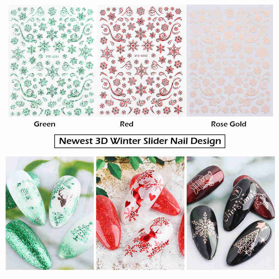 9 Sheets Christmas Nail Art Stickers - 3D Rose Gold Snowflake Elk Pattern DIY Decals for Women Girls Kids