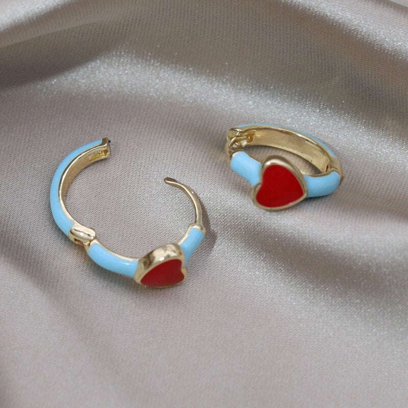 Korean Design Simple Enamel Red Love Small Hoop Earrings - Sweet Girl Gift for Women's Daily Accessories