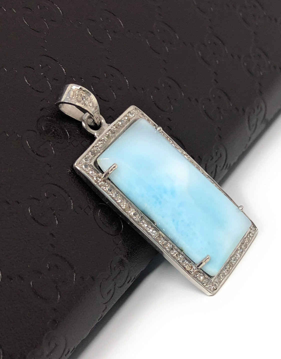 Natural Larimar Gemstone Pendant with Pave Diamonds in Sterling Silver