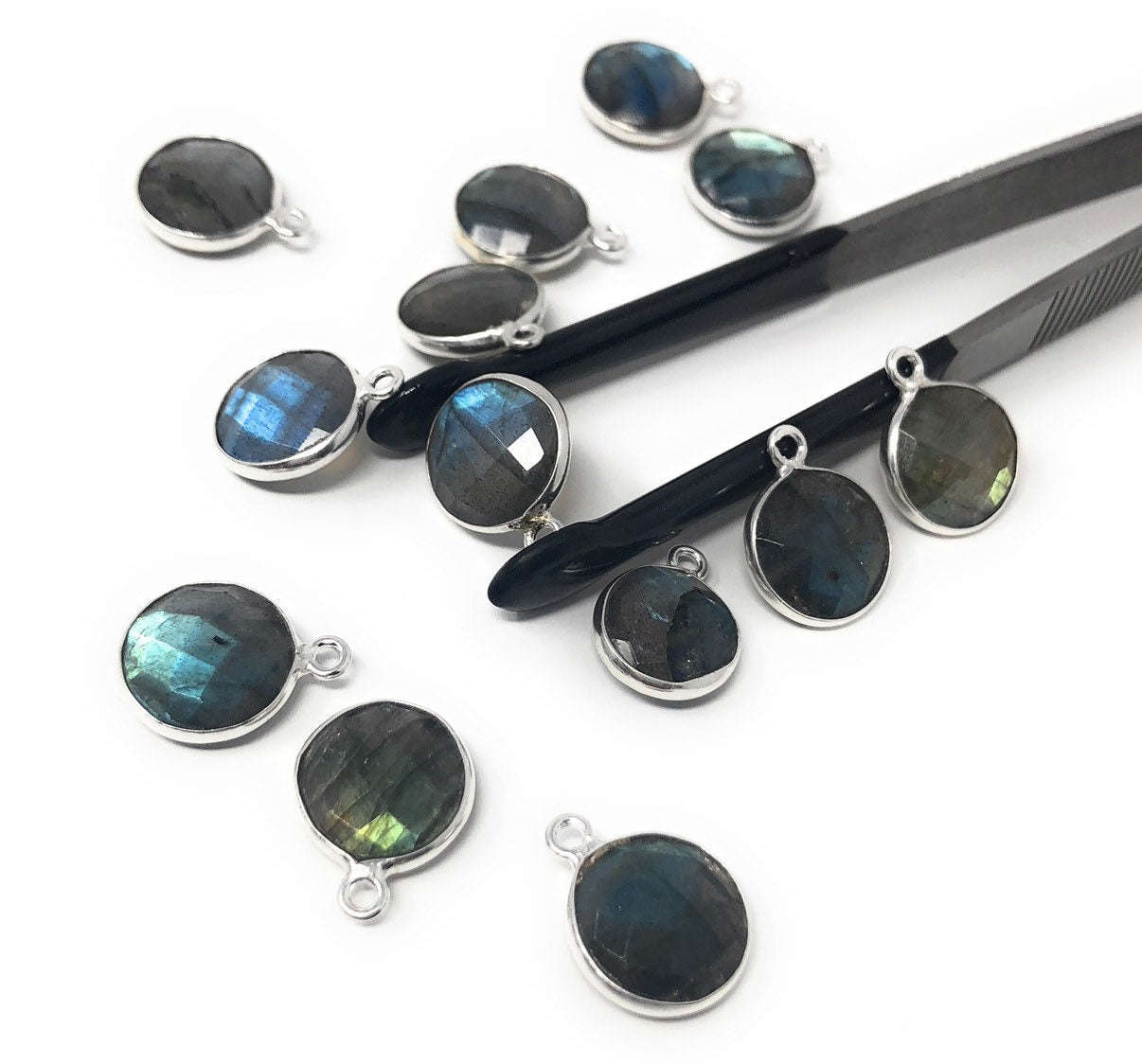 5 Pcs Labradorite Gemstone Charms, Sterling Silver Charms for DIY Jewelry Making