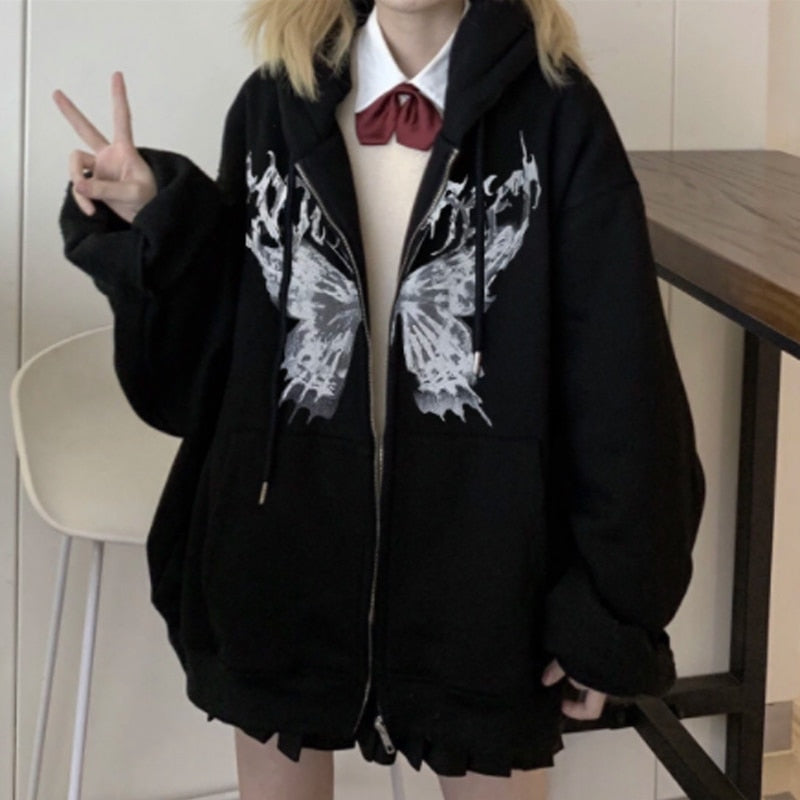 Women's Zip Up Hoodie - Goth Punk Pocket Print Long Sleeve Jacket