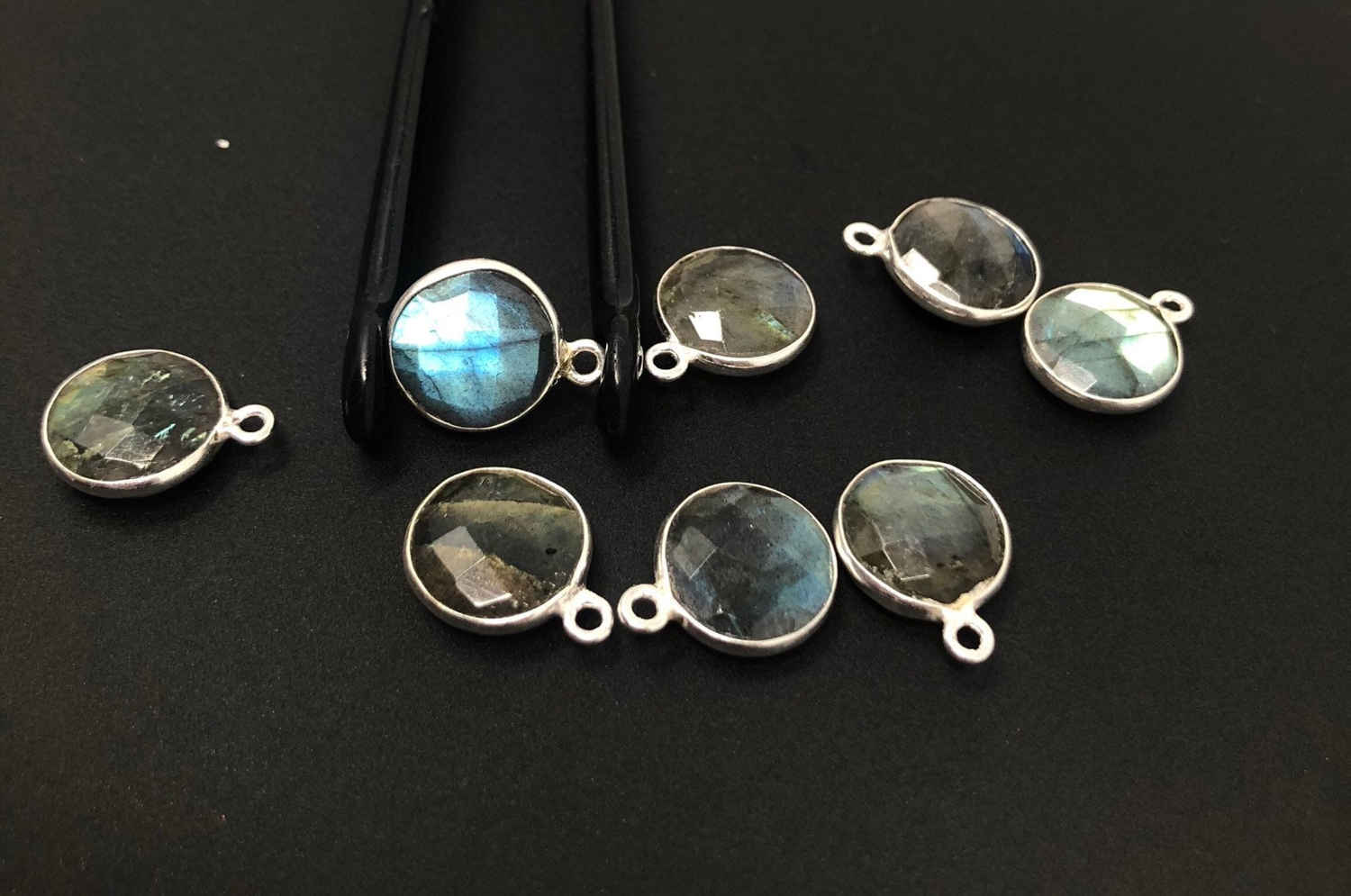 5 Pcs Labradorite Gemstone Charms, Sterling Silver Charms for DIY Jewelry Making