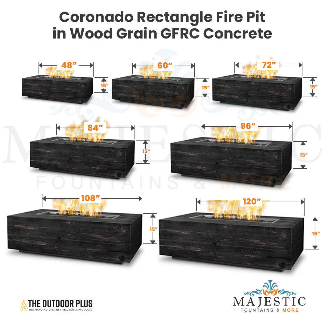 The Outdoor Plus Coronado Rectangle Fire Pit in Wood Grain Concrete with Free Cover