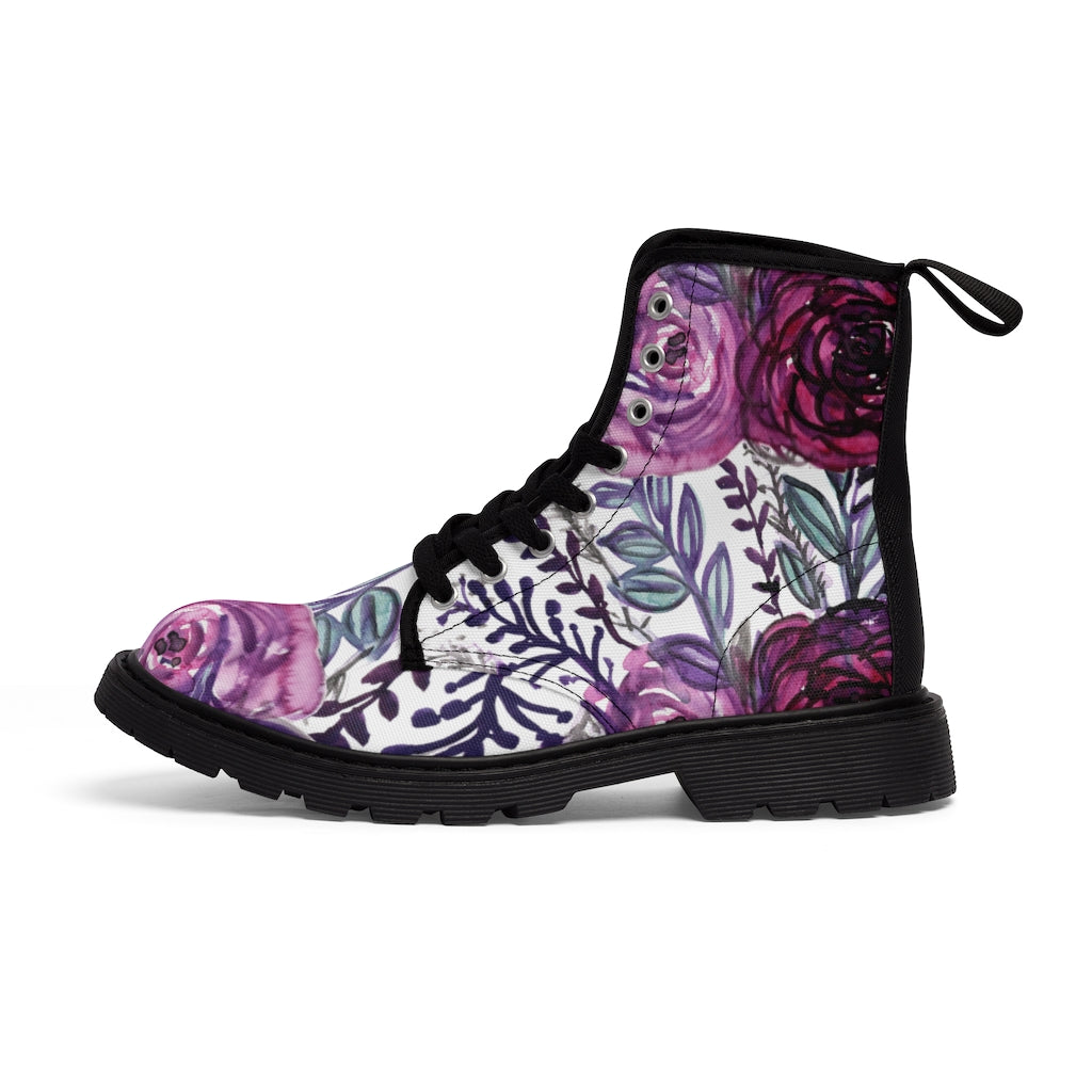 Purple Rose Floral Women's Combat Boots - Lace-up Hiking Boots for Ladies