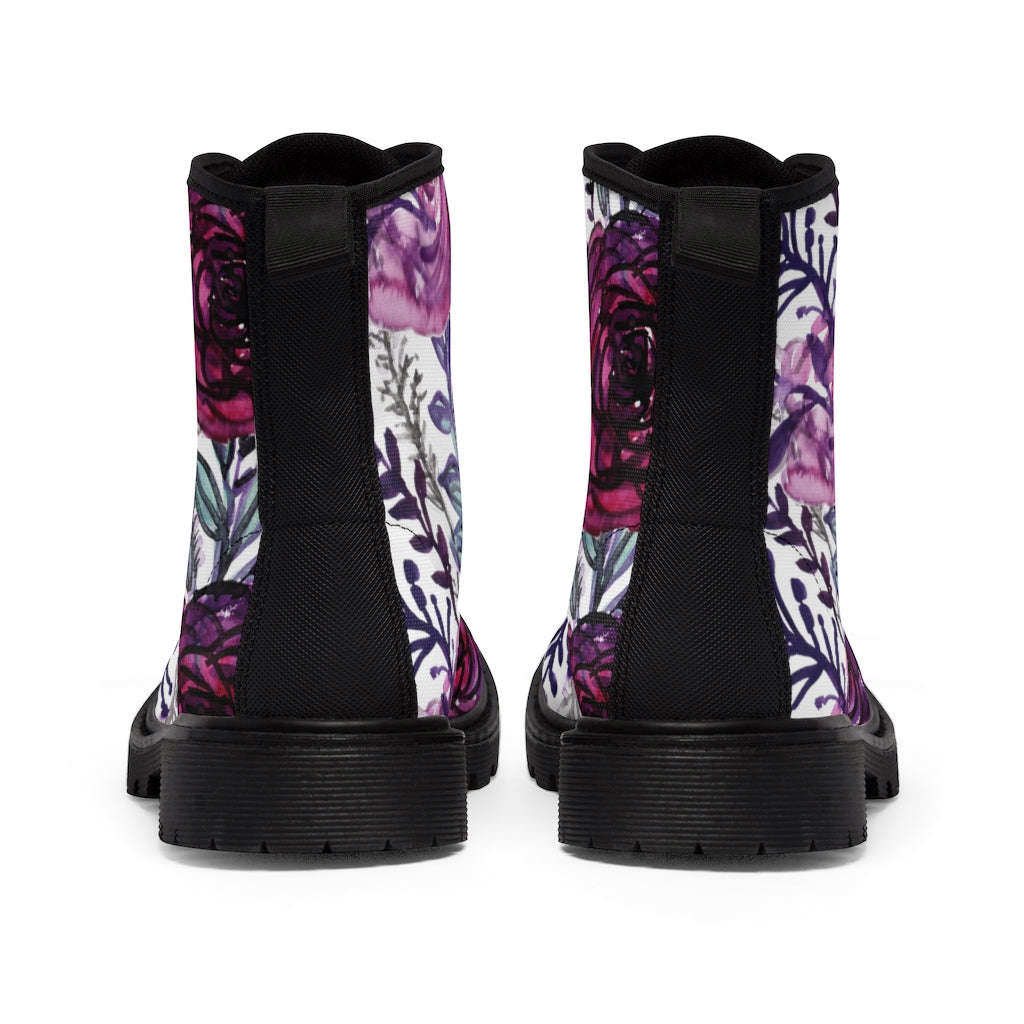 Purple Rose Floral Women's Combat Boots - Lace-up Hiking Boots for Ladies