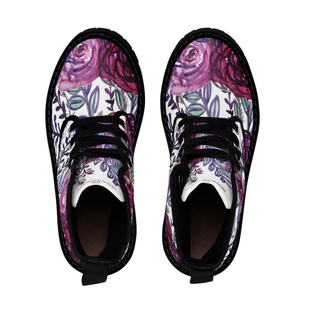 Purple Rose Floral Women's Combat Boots - Lace-up Hiking Boots for Ladies