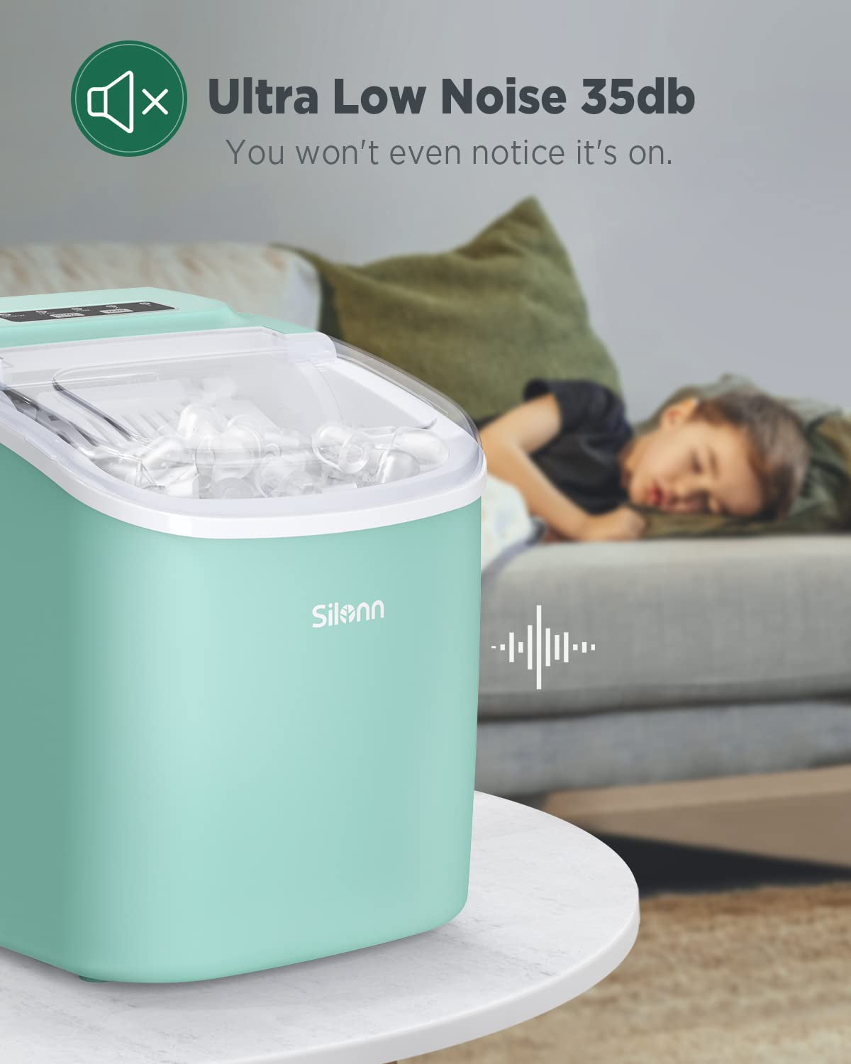 Countertop Ice Maker, 9 Cubes Ready in 6 Mins, 26Lbs in 24Hrs, Self-Cleaning, 2 Sizes of Bullet Ice, Green