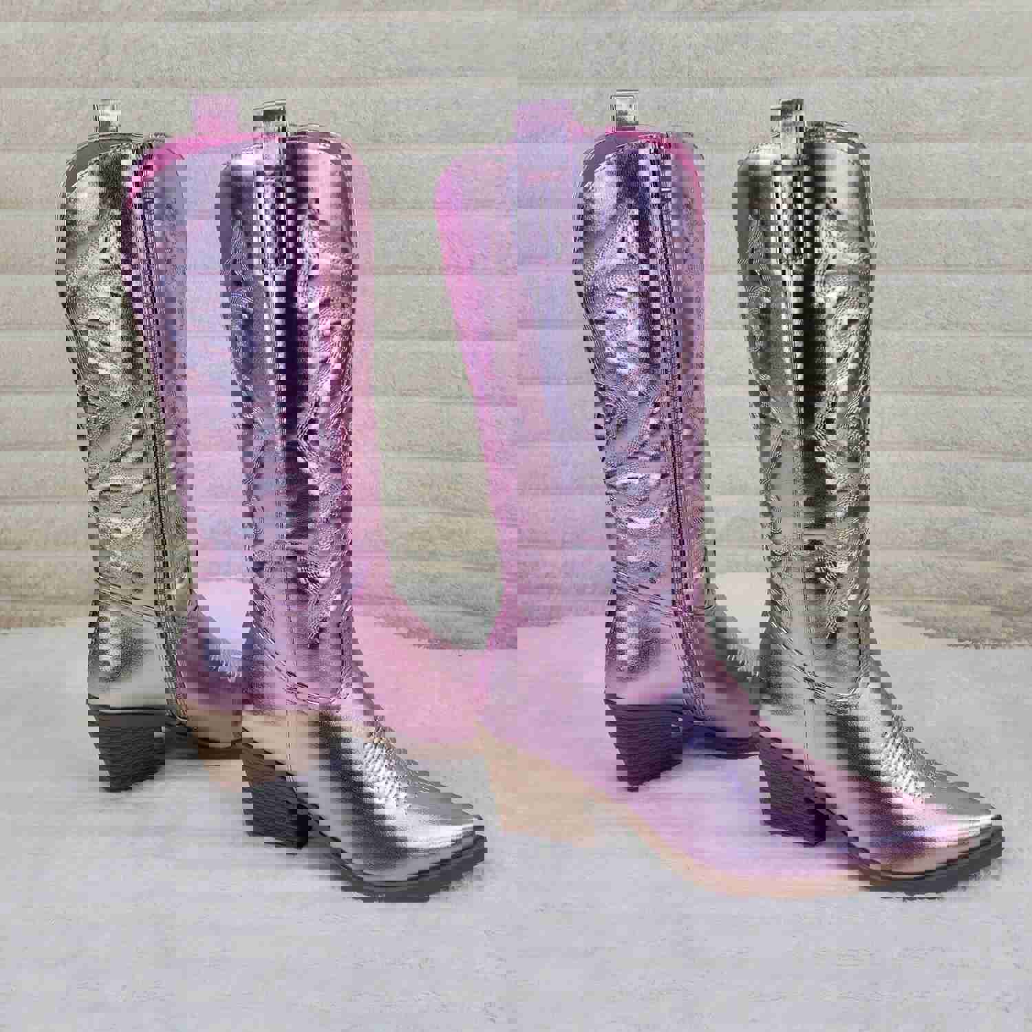 Disco Cowgirl Metallic Pink Cowboy Knee Boots with Western Block Heels