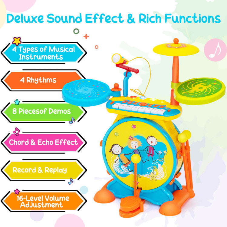 Costway 2-in-1 Kids Electronic Drum and Keyboard Set with Stool