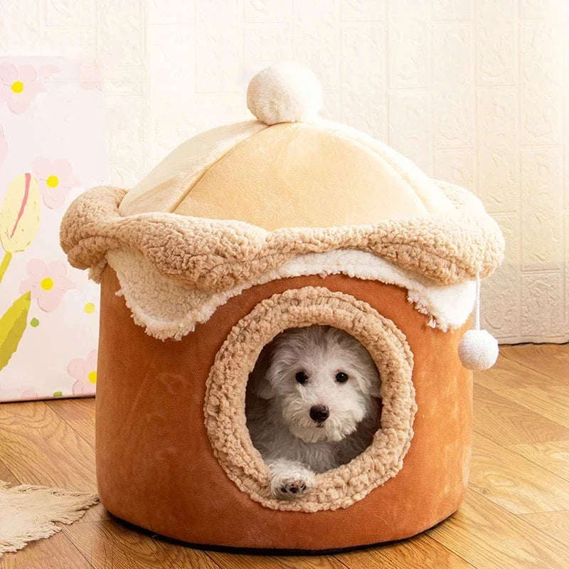 Warm Winter Cat Dog House - Geometric Ice Cream Design Pet Nest for Small to Medium Pets
