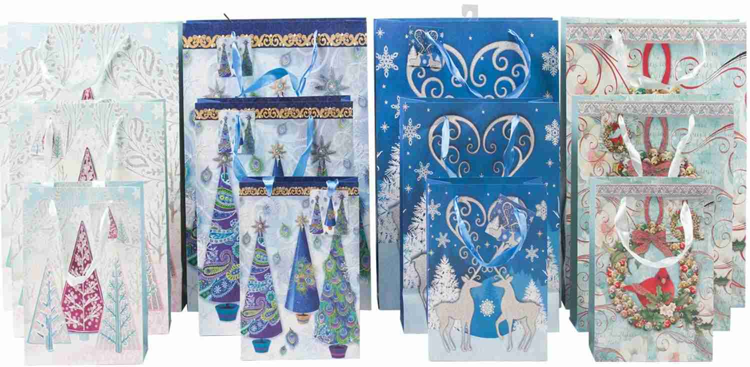 Christmas Paper Gift Bags Bulk Assortment - 12 Count Holiday Themed Gift Bags with Handles (3 Sizes, 4 Patterns)