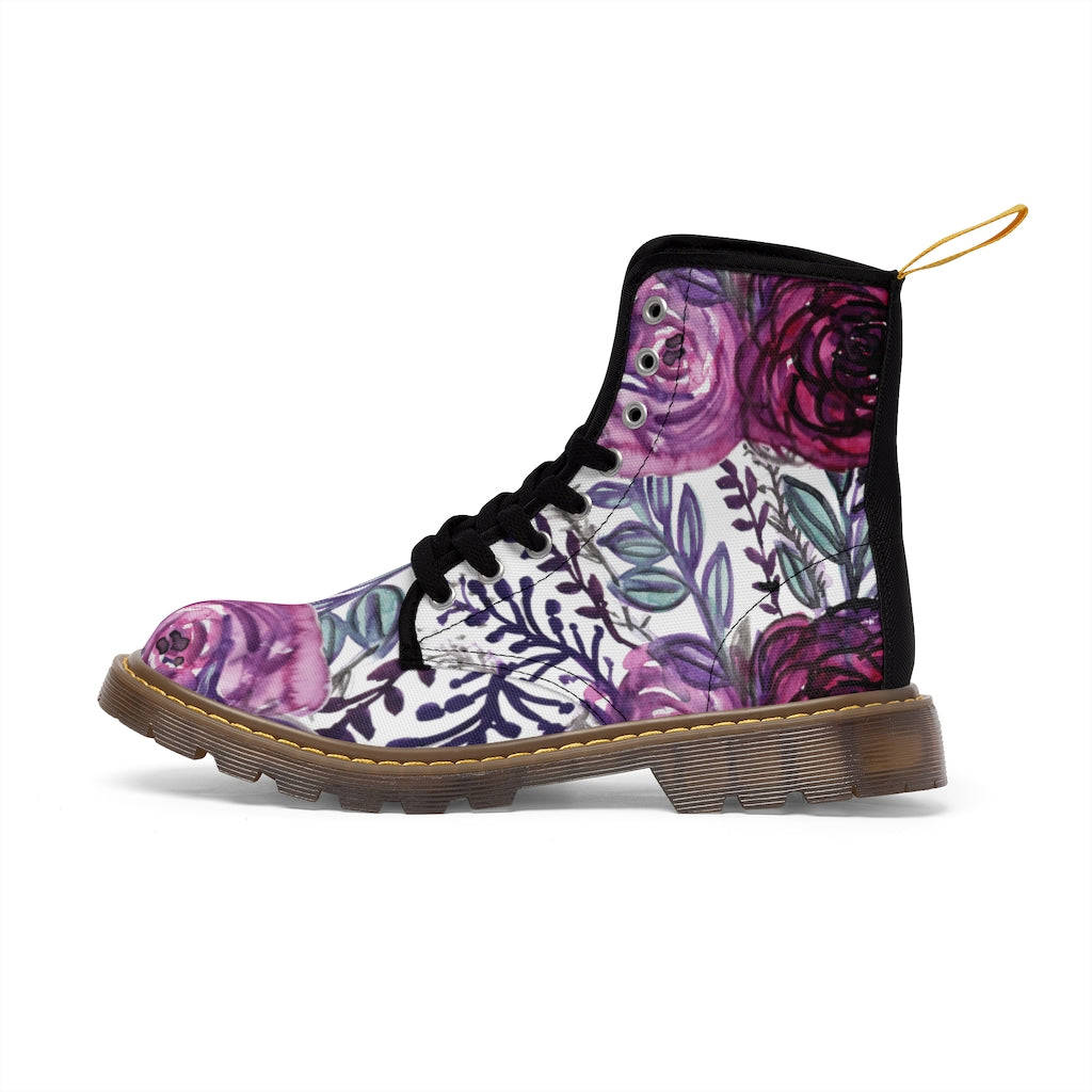 Purple Rose Floral Women's Combat Boots - Lace-up Hiking Boots for Ladies